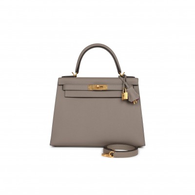 HERMÈS KELLY SELLIER 28 GRIS ASPHALTE VERSO EPSOM BRUSHED GOLD HARDWARE (28*22*10cm) 
